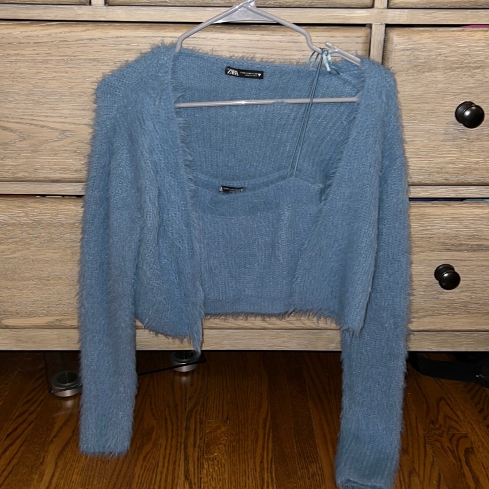 Blue fuzzy Zara tank and cardigan set